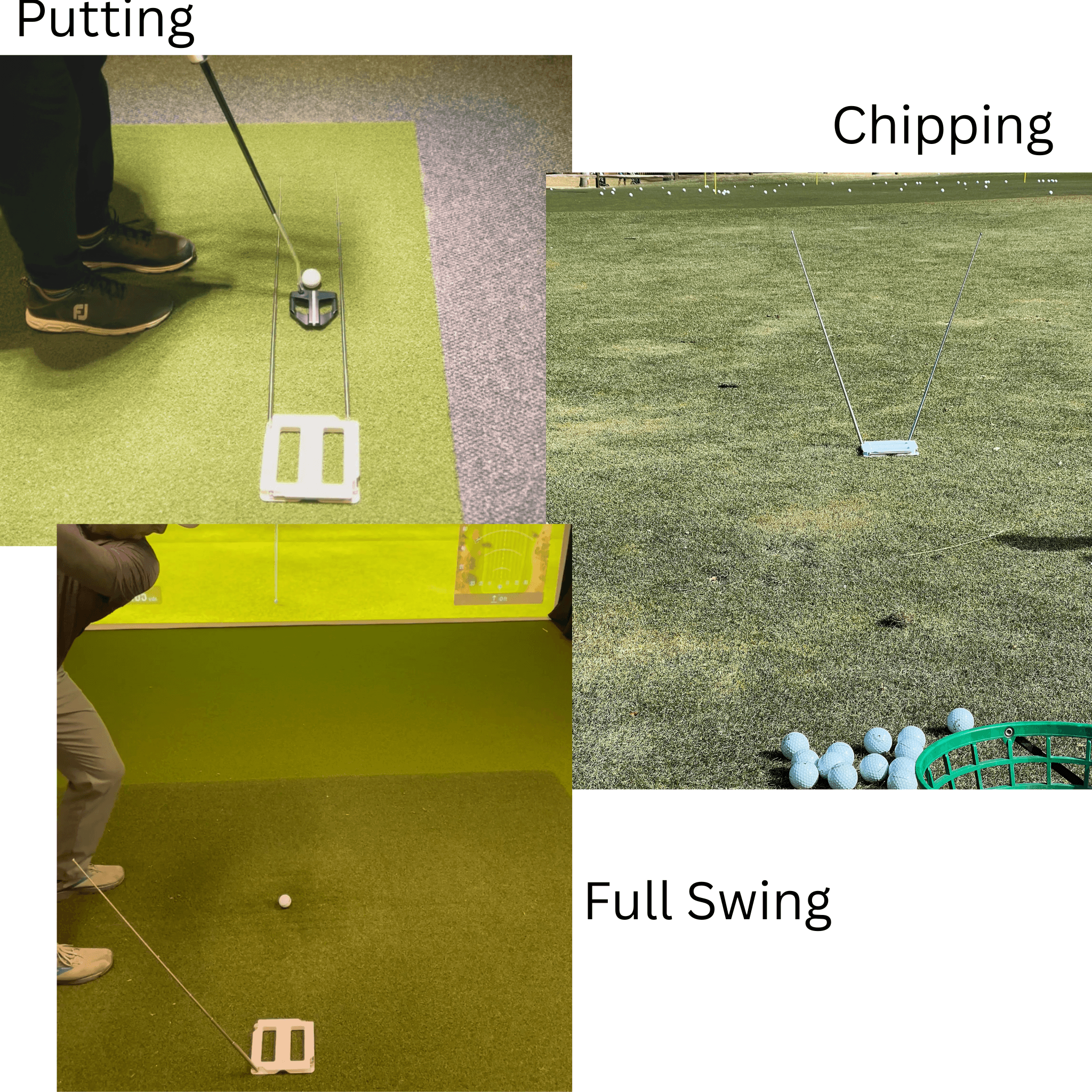 AimBox putting, chipping, and swing practice setup examples